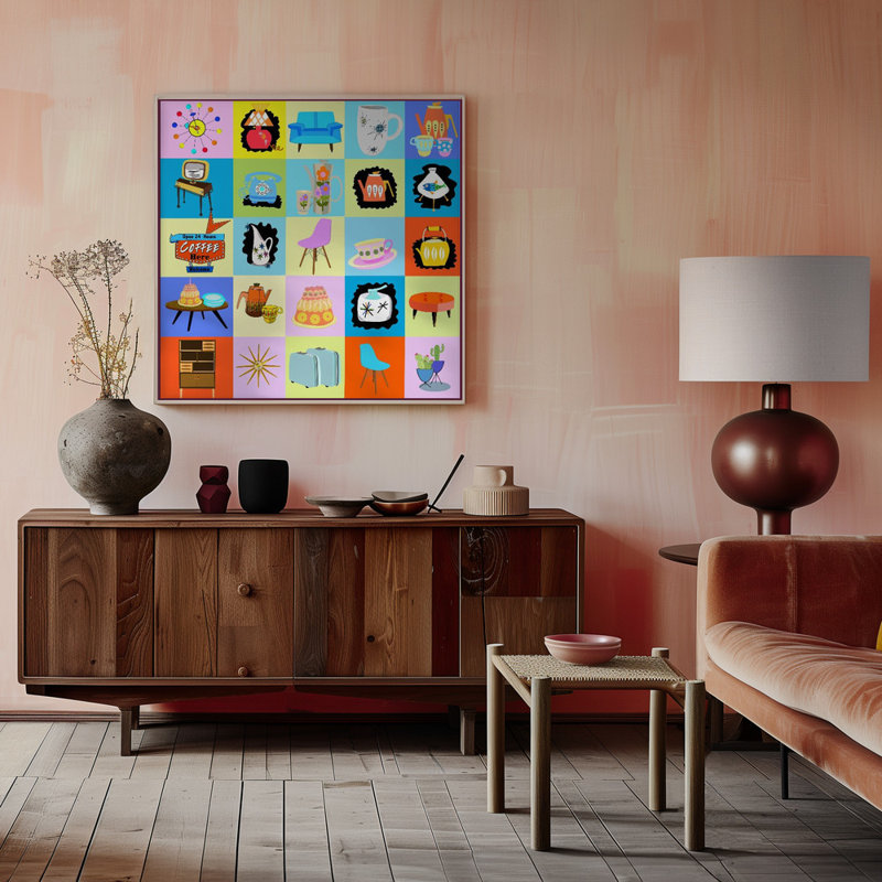 "Mid century pop", art mural texturé encadré, Or, H 20 po x l 20 po