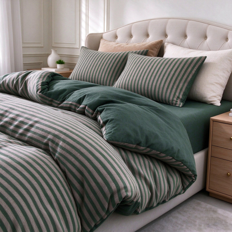 Jersey Cotton Set, Queen Duvet Cover + 2 Standard Shams, Green Striped