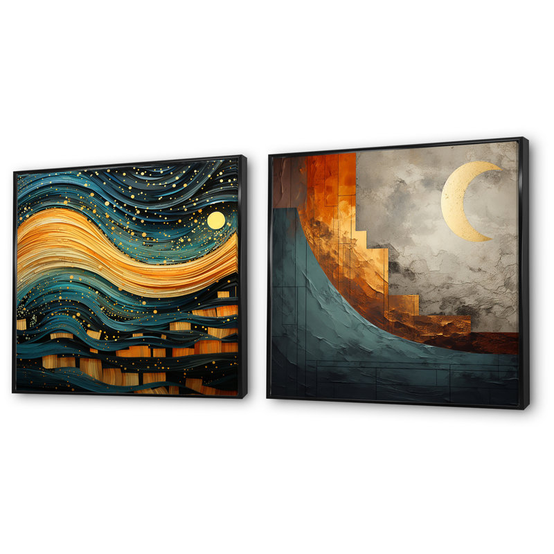 «Orange Abstract Nature Organics Collages I», ensemble de 2 reproductions d'art sur toile, Cadre flottant noir