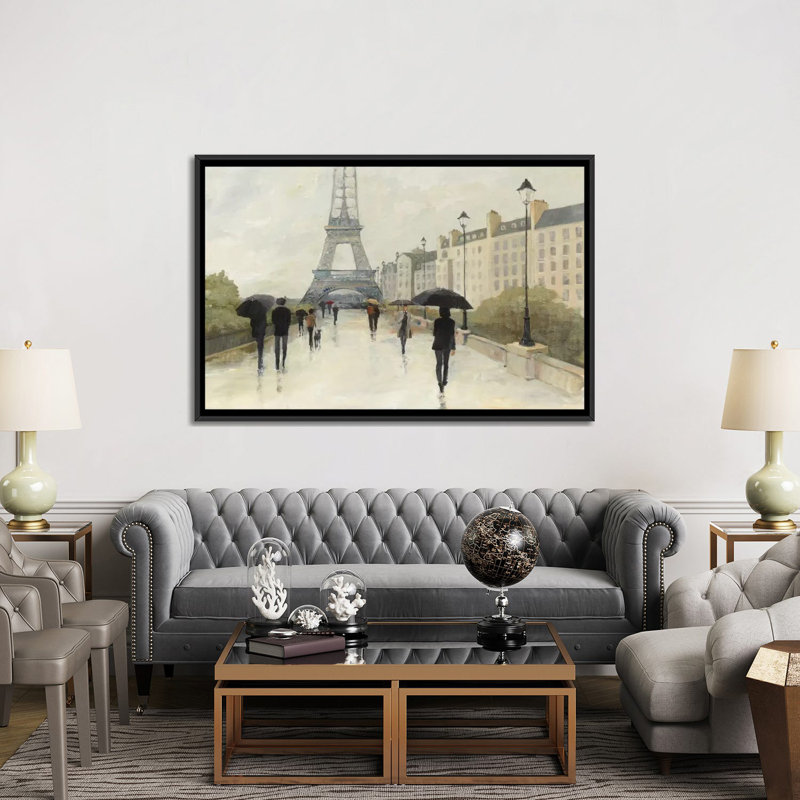 Eiffel in the Rain, reproduction d'art sur toile tendue, Toile avec cadre noir, Pas de tapis, H 32 po x l 48 po x P 1,5 po