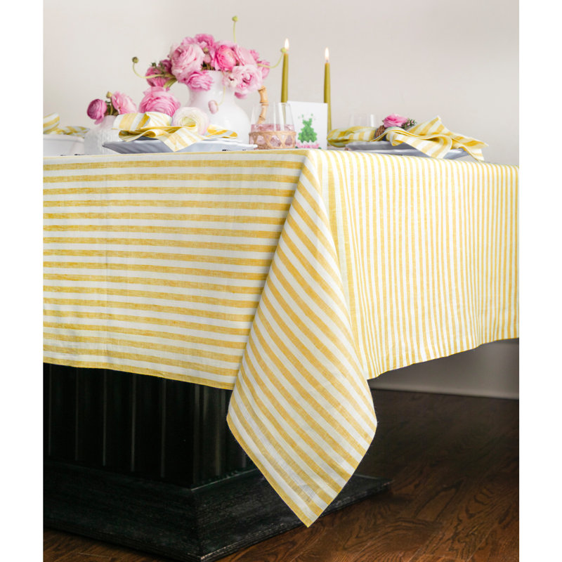 Amalfi Stripe - 100% Pure Linen Tablecloth, 120" x 60", Primrose Yellow/White