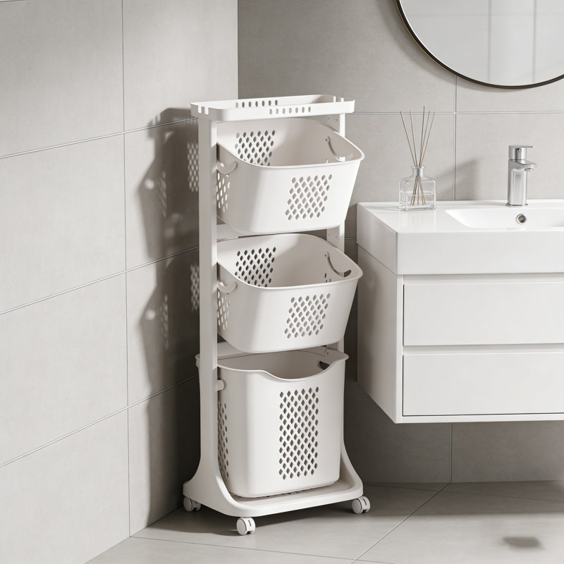 Organisateur de panier à linge roulant à 3 niveaux, chariot de rangement en plastique avec roues verrouillables