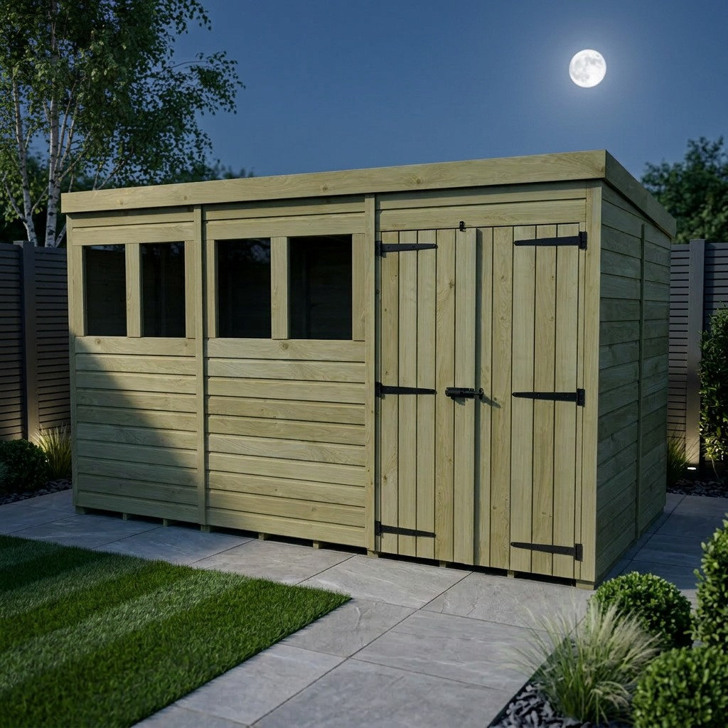 Total Sheds 16ft x 7ft Pent Garden Shed - Double Door - With Windows - Pressure Treated Timber - UK Manufactured