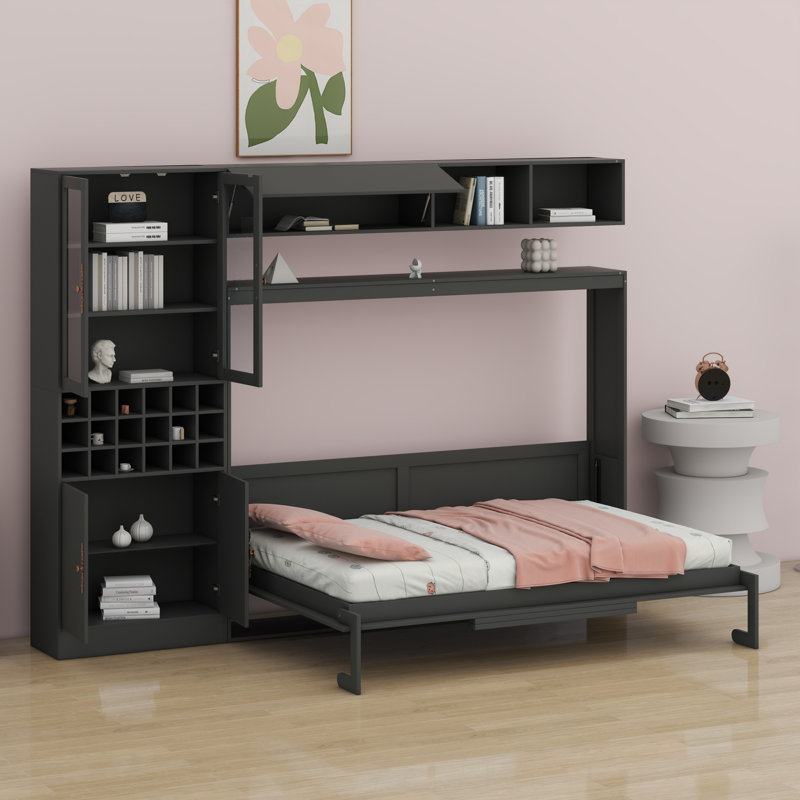 Lit escamotable mural avec canapé, tablettes USB et lumière Murphy, Gris, Double