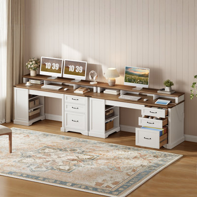 Glasco 55.1" Farmhouse Executive Desk with Drawers, Computer Desk with File Cabinet and Side Bookshelf