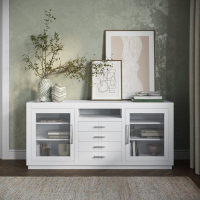 Console média contemporaine 60 po avec portes en verre trempé, tiroirs et tablettes réglables Kavia - chêne clair