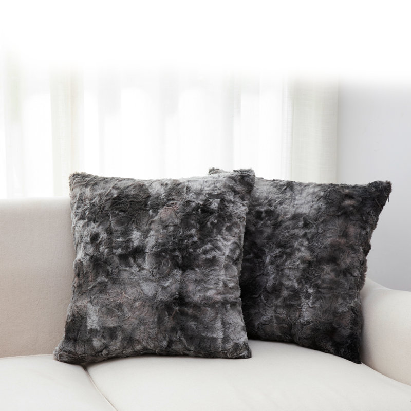  Faux Fur Throw Pillow, White/Gray