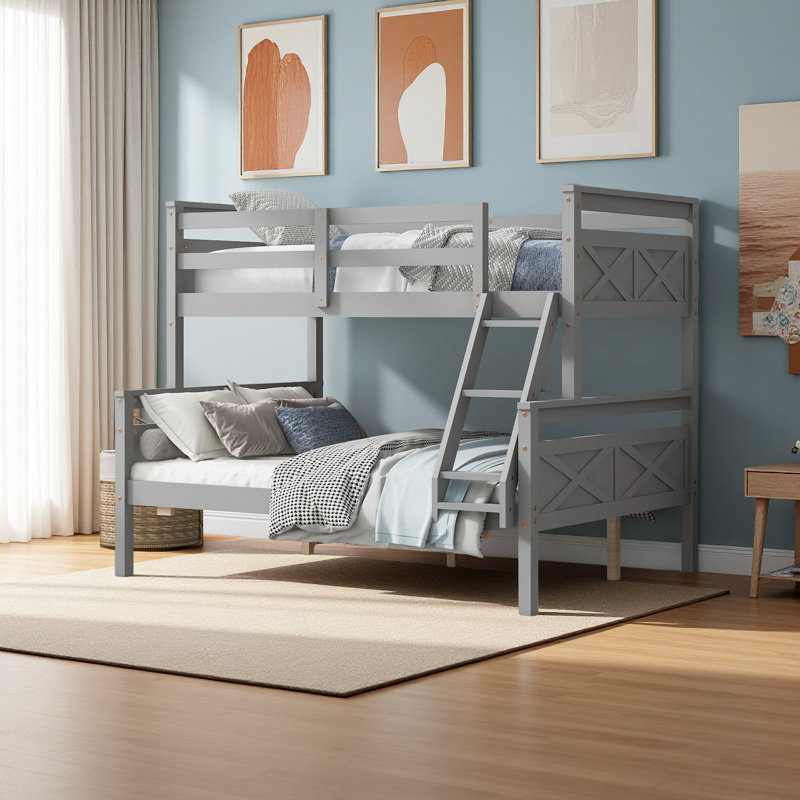 Twin Over Full Bunk Bed With Ladder, Safety Guardrail, Perfect For Bedroom, Gray