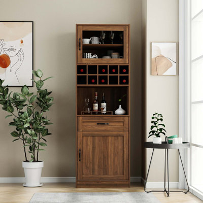 Armoire de cuisine, armoire de bar avec tablette de rangement coulissante multifonctionnelle, portes en verre