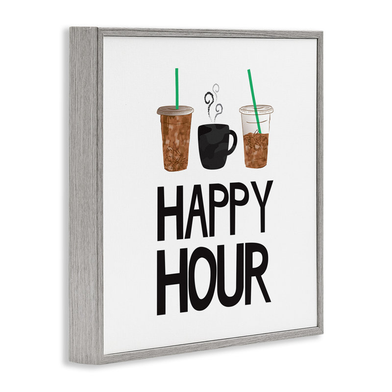 Happy Hour, expression, café, boisson glacée, cuisine, boisson, maison de campagne grise, estampe numérique encadrée, art texturé par Jennifer Mccully