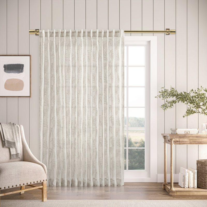 Roodhouse Premium Leaf Embroidered Semi-Sheer Rod Pocket Double Wide Patio Curtain Panel, White