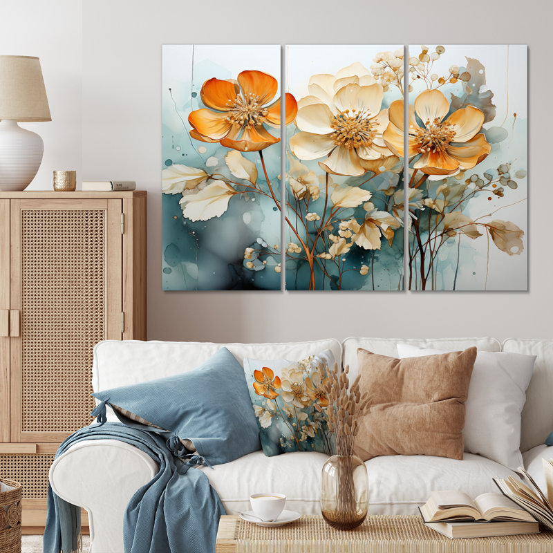 " Orange Teal Botanical Fragments " 3 - Pieces, 40" H x 60" W x 1" D