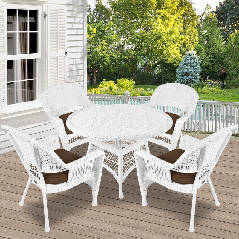 4 - Person Patio Dining Set with Round Table , Cushions Included, White, Brown