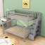 Lit superposé simple au-dessus d'un lit double en bois avec tablettes latérales et escalier-1666460857