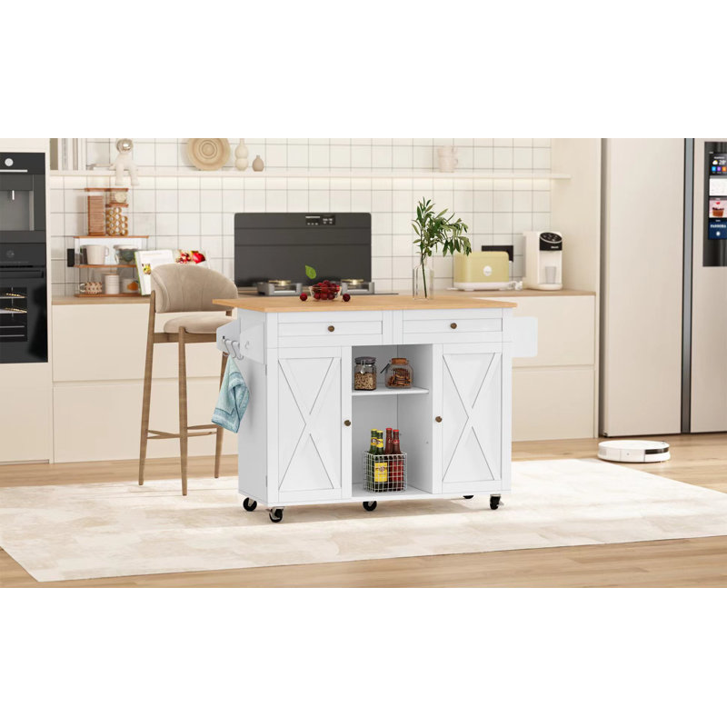 Jaye 51.7" Kitchen Island on Wheels with Storage Cabinet with Drop Leaf Countertop, White