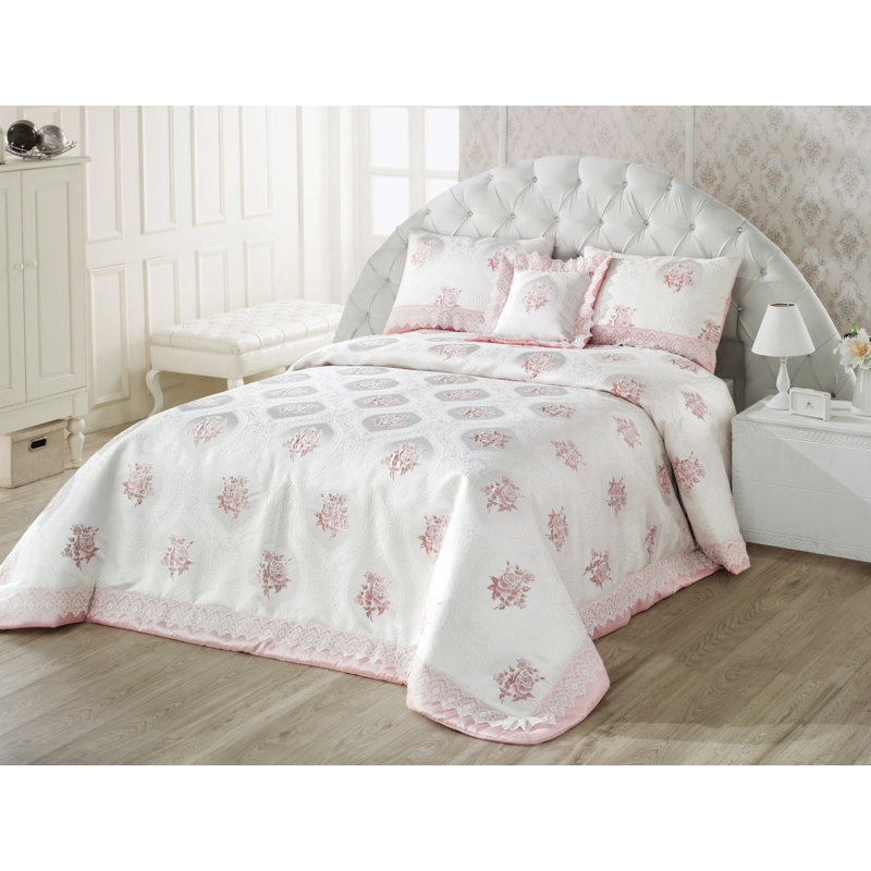 Cotton Floral Coverlet, White/Pink