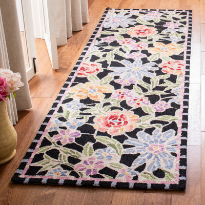 Hollander Floral Hand Hooked Wool Black Area Rug