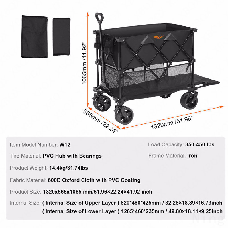 Chariot pliable à deux étages, chariot pliable 400L avec roues tout-terrain, chariot pliant robuste capacité de poids de 350 à 450 lb pour le camping, le magasinage, le jardin, rallonge extra longue de 52 po