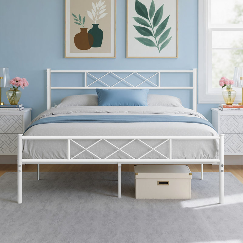Full Size Bed Frame, Metal Bed with Headboard, Heavy-Duty Platform Bed, Mattress Foundation with Slats Support, No Box Spring Needed