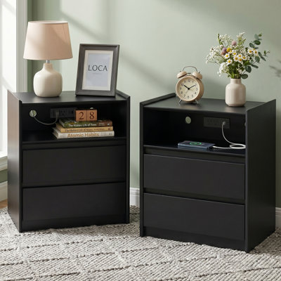 Modern White /Black Nightstand with Charging Station, 2 Drawers & Open Shelf