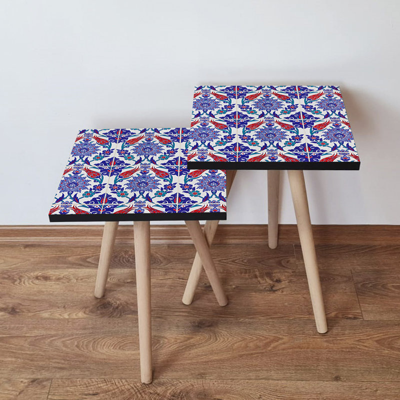 Ensemble de 2 tables gigognes élégantes, conception géométrique, pieds en bois de hêtre, 13,8 po x 18,5 po x 13,8 po et 13,8 po x 16,5 po x 13,8 po | 100% panneau de fibres à densité moyenne, 0,71 po d'épaisseur | Parfait pour les décors modernes et orientaux