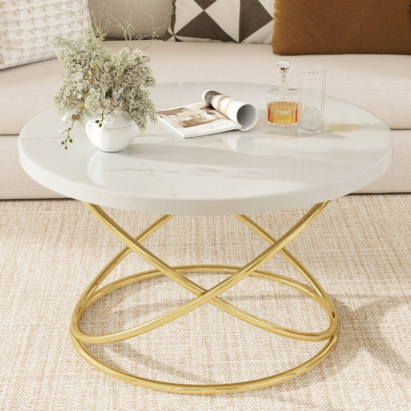 31.5" Round Coffee Table With Cross Metal Legs, White, Gold