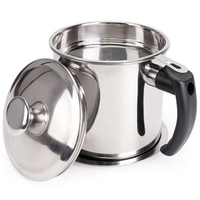 Bacon Grease Container with Strainer 1.8L Stainless Steel Oil Container Can with Dust-proof Lid Non-slip Tray for Kitchen Storing Frying Oil