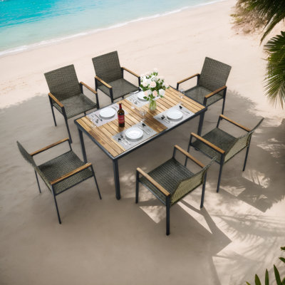 Outdoor Patio Conversation Set - 7-Piece Acacia Wood Table, All-Weather Rattan Furniture, Brown Grey Colour