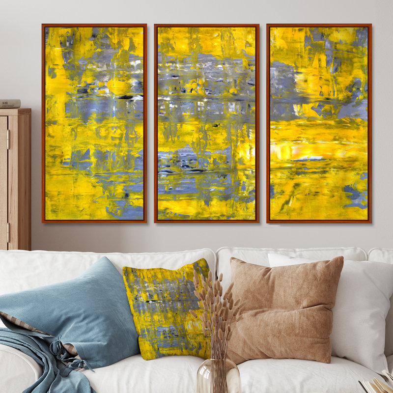 «Yellow Meets Gray Abstract Art I», ensemble d'art mural moderne sur toile encadrée, H 28 po x l 36 po, Brun