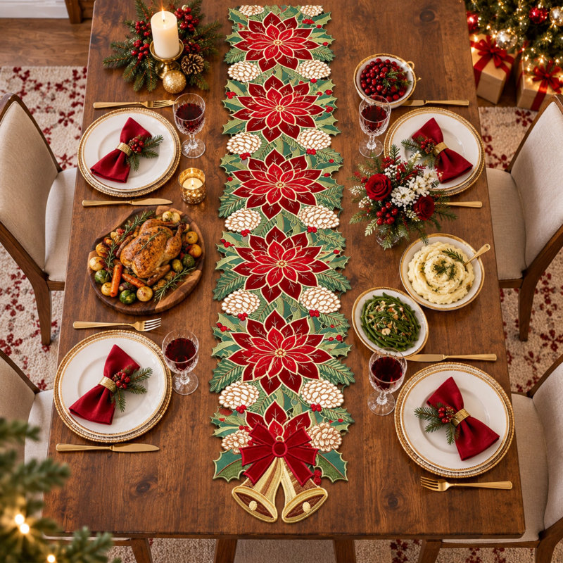 Red and Green Christmas Tree Embroidered Table Runner