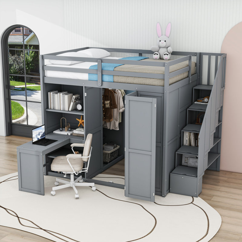 Lit mezzanine avec garde-robe, bureau et tablettes, Gris