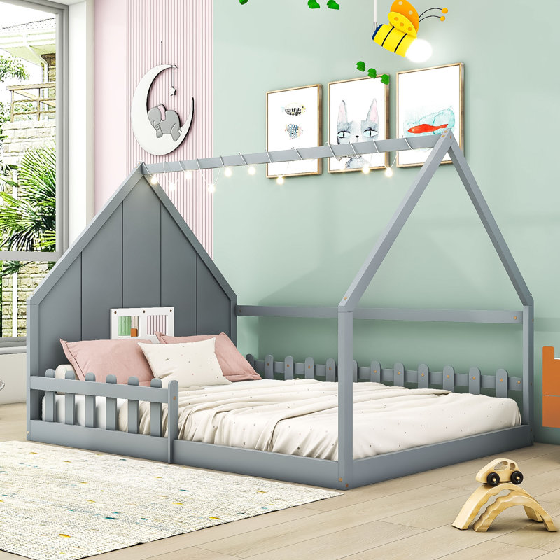 Full Wood House Bed Frame with Built-In Window, LED Light String and Fence, Gray
