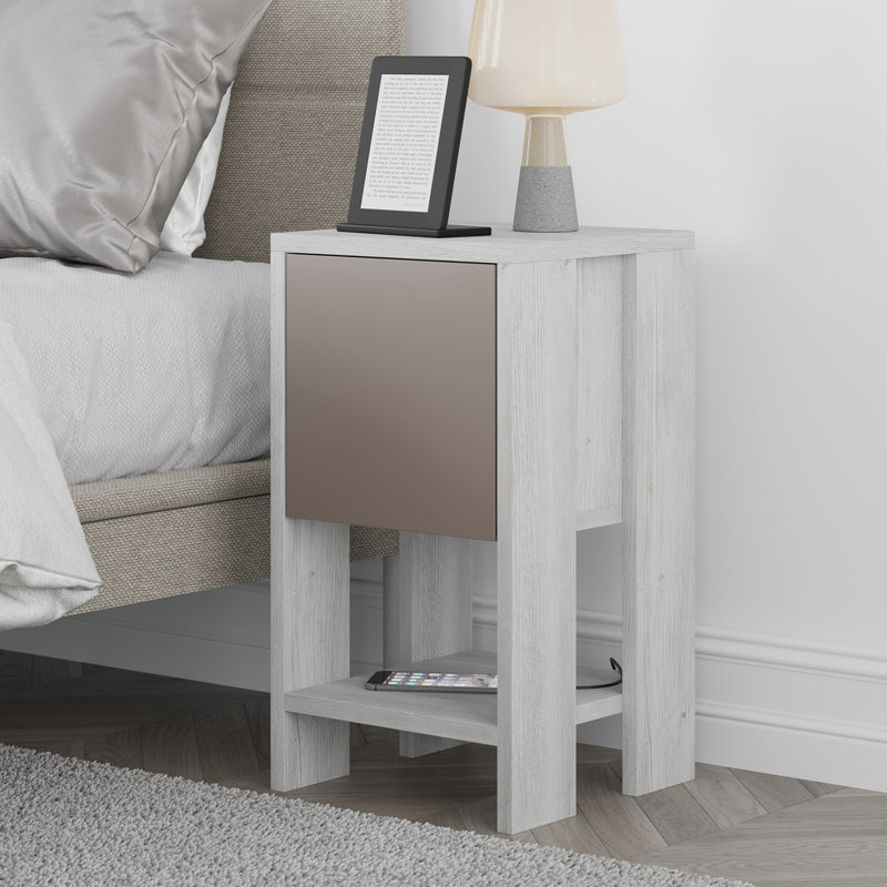Atharv Bedside Table with Drop-Door Storage and Open Shelf for Versatile Living, Ancient White/Light Mocha