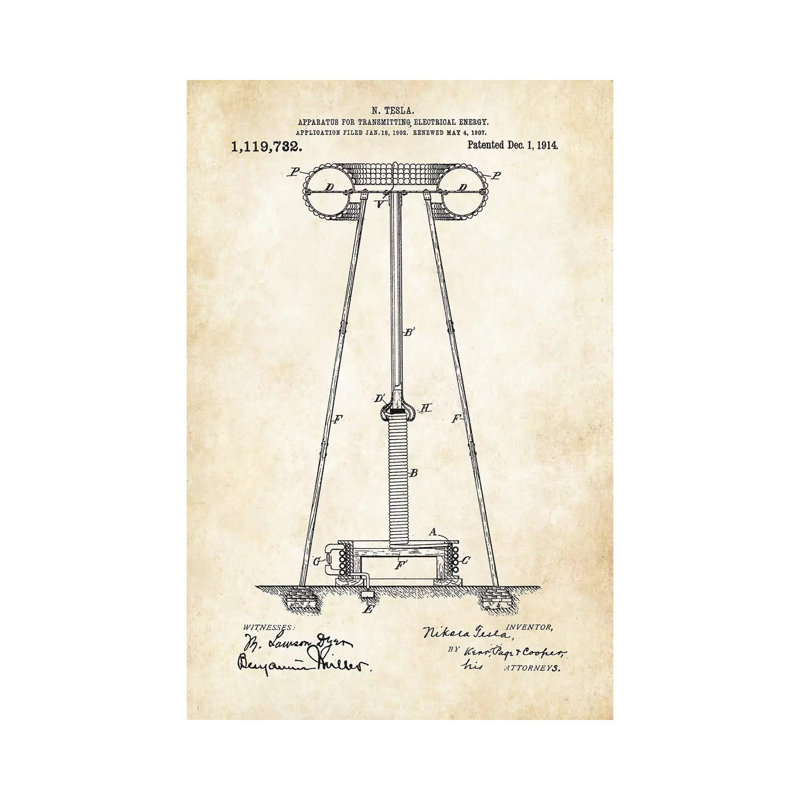 Nikola Tesla Electrical Tower by Patent77 - Wrapped Canvas Print, 30.48 cm H x 45.72 cm W