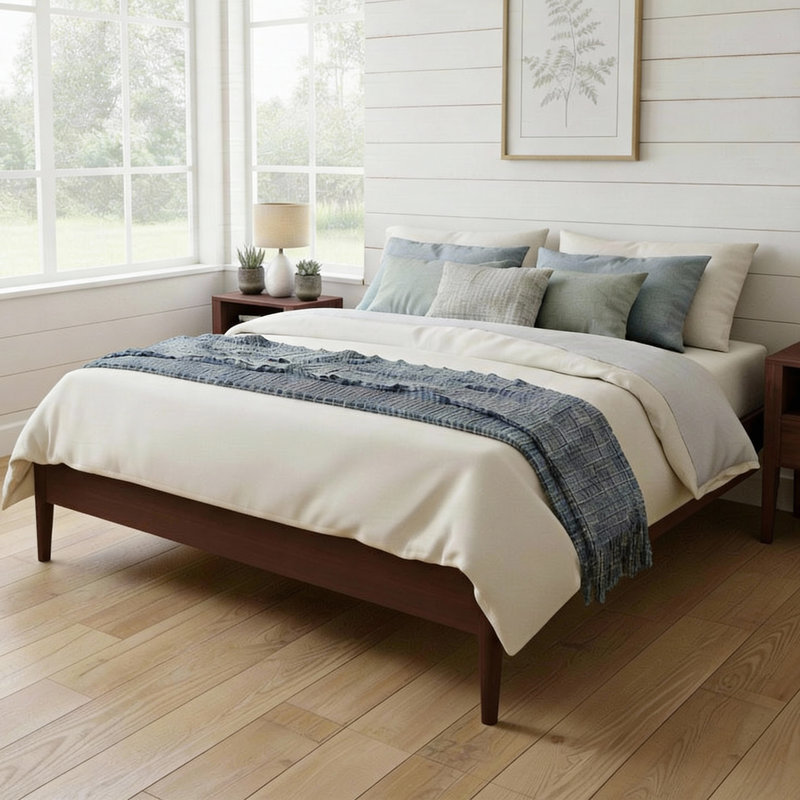 Retro Style Bed Frame, Platform Bed with Central Support Legs, Chocolate, Full