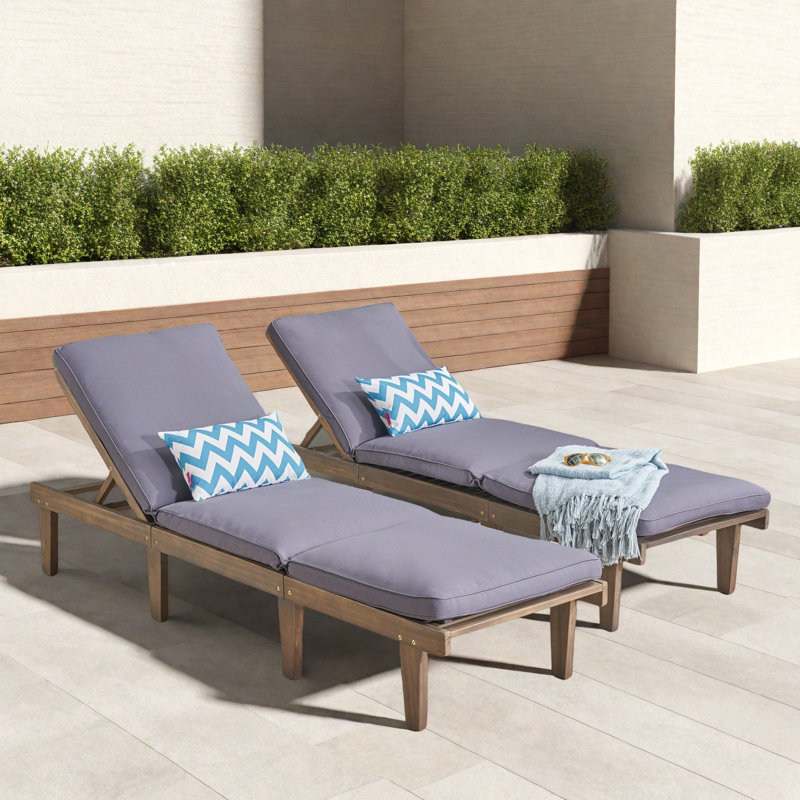 Eugenio Solid Acacia Wood Outdoor Chaise Lounge with Cushion, Dark Gray, 2