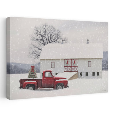 Snowy Day Surprise - Modern Farmhouse  Vintage Red Truck Christmas Tree Snowfall Art