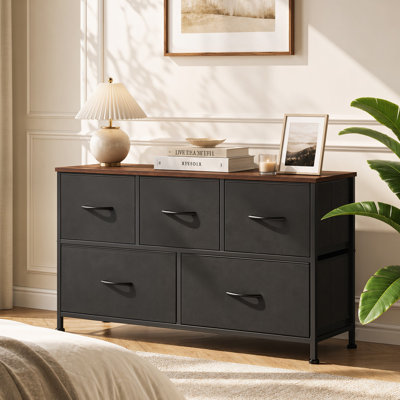 Commode à 5 tiroirs de 39,1 po Amanah pour chambre à coucher, unité de rangement avec structure en acier robuste, meuble télé avec commode en bois, commode pour le salon, salon