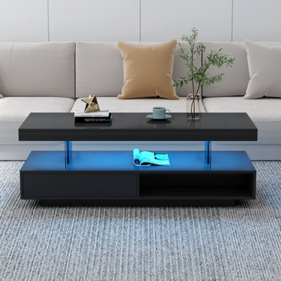 Table basse à DEL avec rangement, table centrale moderne avec 2 tiroirs et tablettes de présentation, mobilier d'appoint avec lumières DEL pour le salon, noir