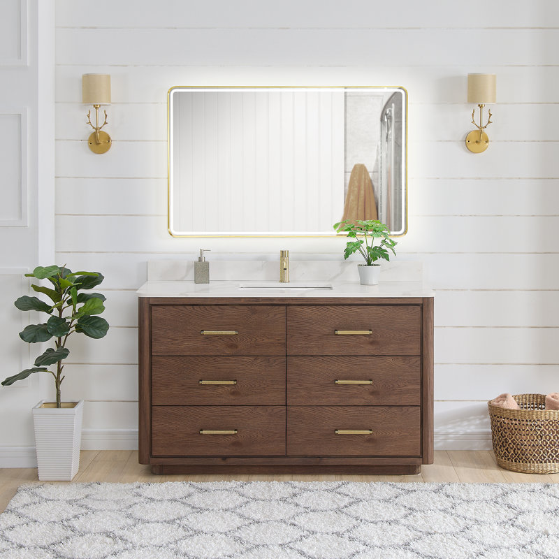 Ensemble de meuble-lavabo double 55 "avec miroir Porto, Marron foncé, Or