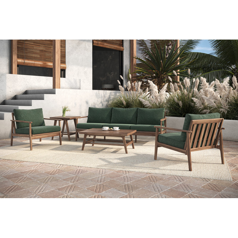 Lyon 5-Piece Solid Acacia Wood Outdoor Set With Sofa, 2 Chairs, Coffee & End Table, Green