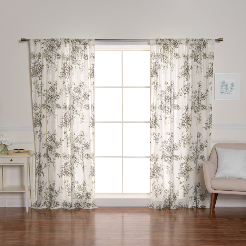 Reamstown Rose & Wildflower 100% Cotton Floral Semi-Sheer Rod Pocket Single Curtain Panel, Gray