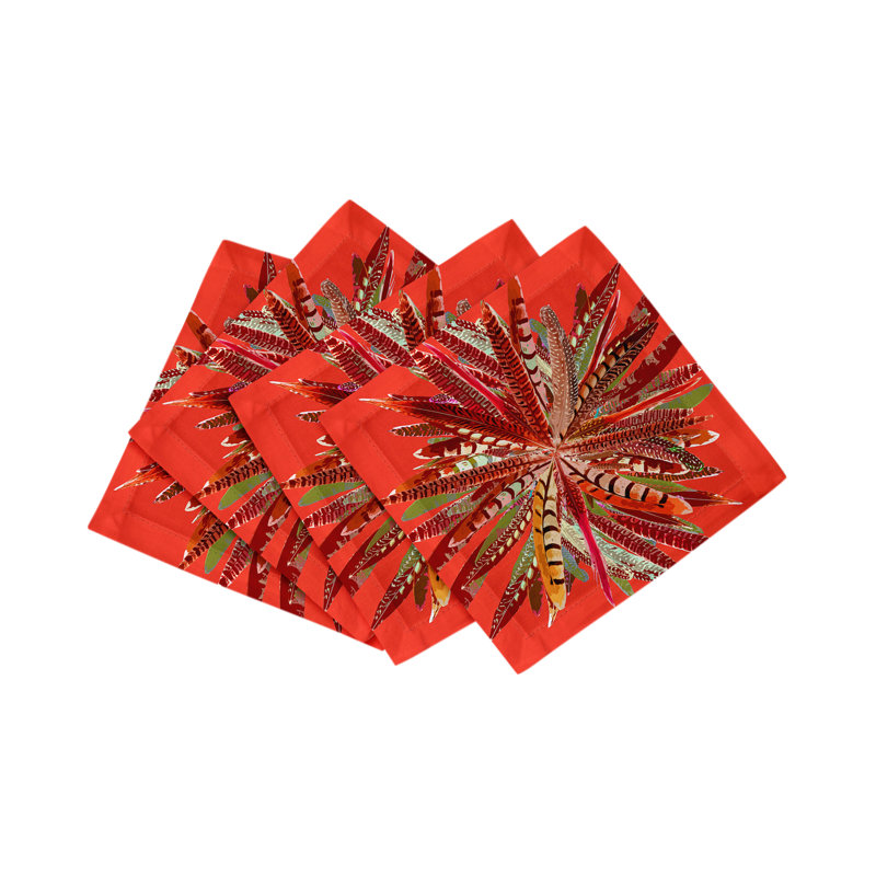 Pheasant Feathers Cotton Sateen Cocktail Napkins, Pumkin