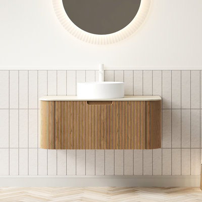 Meuble-lavabo moderne de 91 cm (36 po) avec lavabo rond en céramique blanche de 36 cm (14 po), fini bois naturel rayé 3D, armoire murale en contreplaqué, installation facile et brillante.