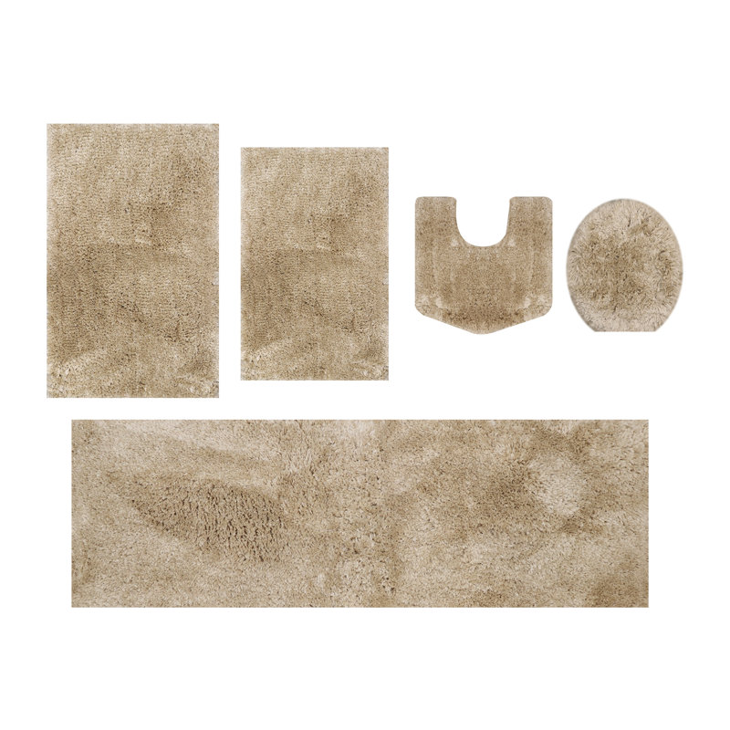 Essential 5-Piece Microfiber Bath Rug Set, Ultra Soft Plush Bathroom Mats, Non-Slip Rubber Backing, Water Absorbent, Quick-Dry, Machine Washable Rugs for Tub, Shower, Toilet and Sink, Linen