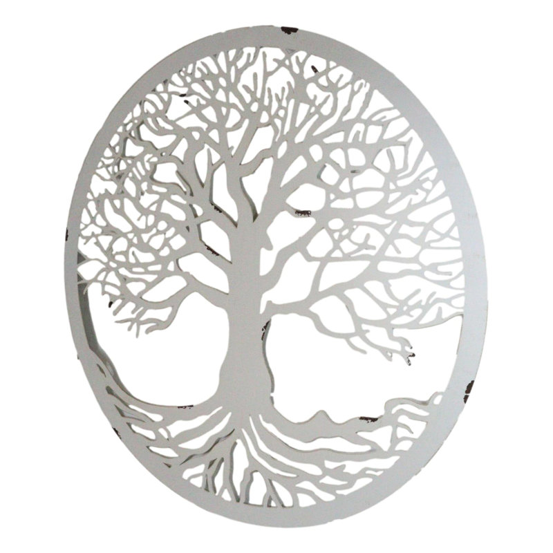 Plaque murale ronde en métal blanc, médaillon surdimensionné de 23 pouces de diamètre représentant l'arbre de vie celtique