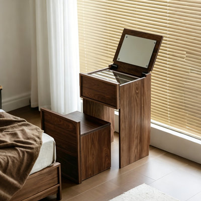 Walnut Solid Wood Vanity with Mirror and Seat