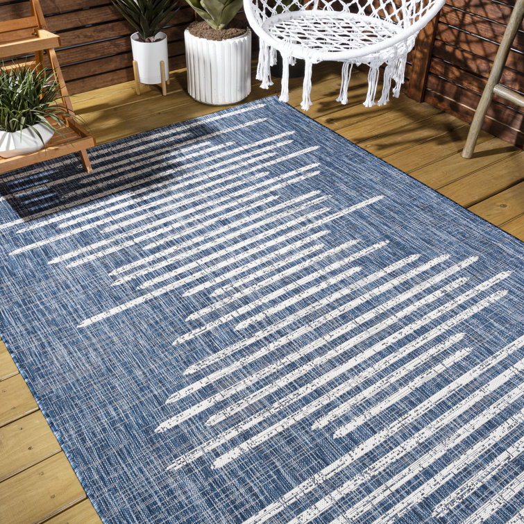 17 Stories Grundy Berber Stripe Geometric Blue/Ivory Indoor/Outdoor Rug ...