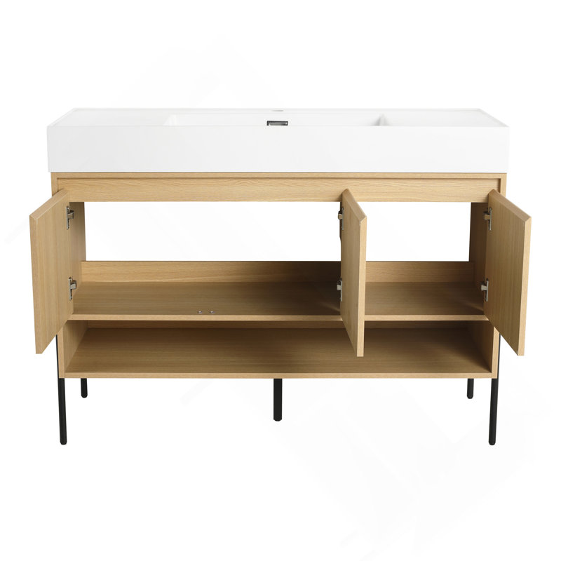 Ensemble de meuble-lavabo 48 po avec lavabo simple en résine, ensemble d'armoires de rangement modernes 3 portes, bois massif multicouche