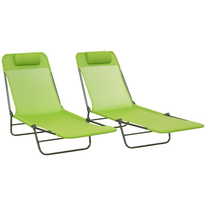2 Piece Folding Chaise Lounge Chairs, Pool Sun Tanning Chairs With Reclining Back, Breathable Mesh Seat, Headrest For Beach, Yard, Patio, Green